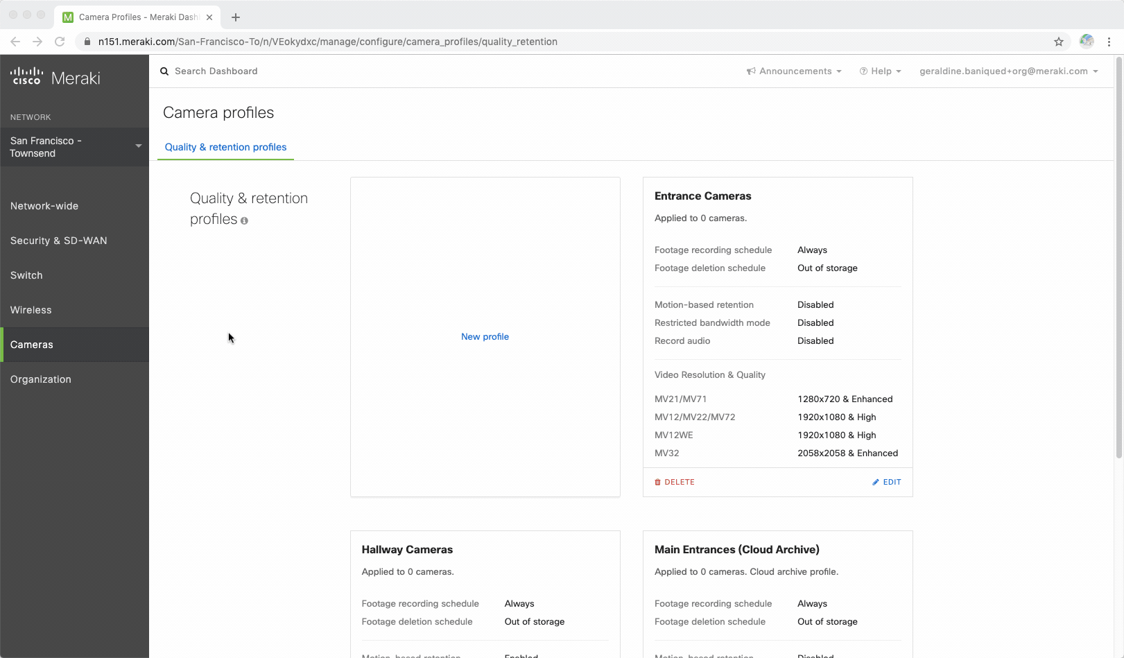 Gif showing adjustment of camera settings in Meraki dashboard