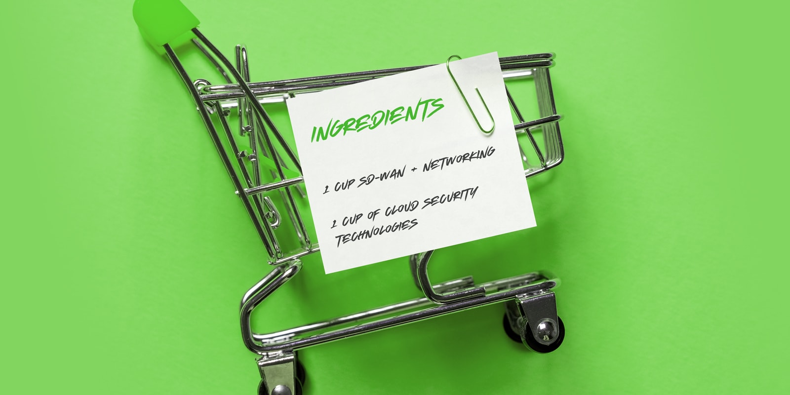 miniature shopping cart on green background with SASE ingredients card attached