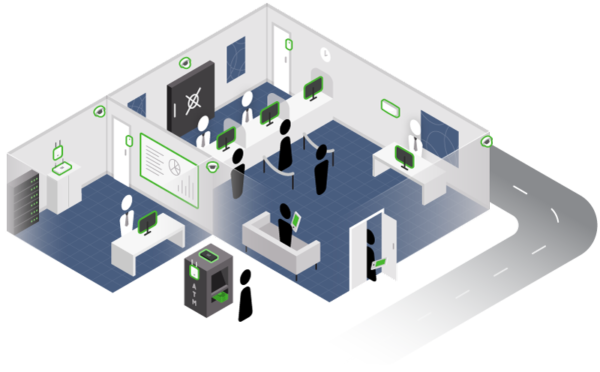 Illustration of bank branch layout with security cameras