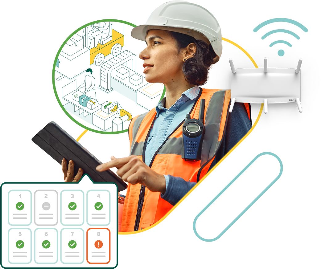 Woman with a construction hard hat and safety vest holding a tablet computer
