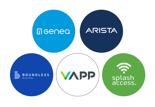 collage of company logos: Genea, Arista, Boundless, Vapp, Splash access.