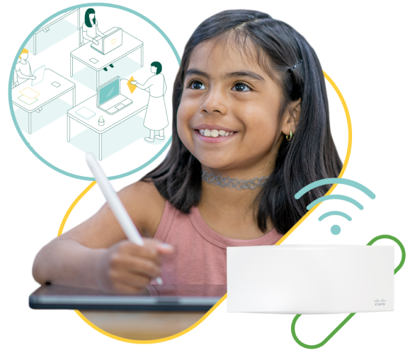 School age girl at a desk working on a tablet computer